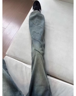 Retro Blue Pleated Cargo Flare Jeans