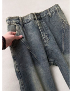 Retro Blue Pleated Cargo Flare Jeans - Image 3