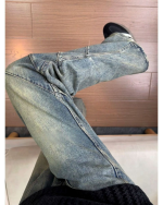 Retro Blue Pleated Cargo Flare Jeans - Image 4