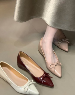 Nude Bow Mary Jane Flats – Pointed Toe Hidden Wedge Soft Leather Women’s Shoes - Image 8