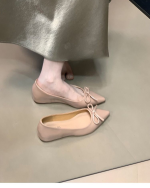 Nude Bow Mary Jane Flats – Pointed Toe Hidden Wedge Soft Leather Women’s Shoes - Image 7