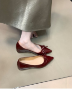 Nude Bow Mary Jane Flats – Pointed Toe Hidden Wedge Soft Leather Women’s Shoes - Image 2