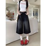 Women’s Black Vintage High-Waist Washed Denim Culotte Shorts – Loose Wide-Leg Fit - Image 4