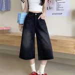 Women’s Black Vintage High-Waist Washed Denim Culotte Shorts – Loose Wide-Leg Fit