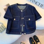 Women’s Vintage Chic Denim Short Sleeve Jacket – Round Neck Cropped Top