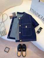 Women’s Vintage Chic Denim Short Sleeve Jacket – Round Neck Cropped Top - Image 3