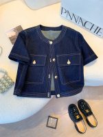 Women’s Vintage Chic Denim Short Sleeve Jacket – Round Neck Cropped Top - Image 5