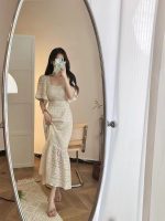 Summer retro square collar high-end French high-waisted  lace maxi dress - Image 2