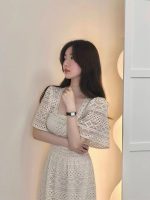 Summer retro square collar high-end French high-waisted  lace maxi dress - Image 3