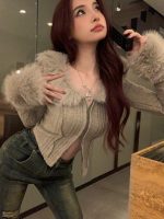 Chic Fur Collar Spliced Short Knit Cardigan, Slim-Fit Long Sleeve Sweater Top for Women. - Image 3