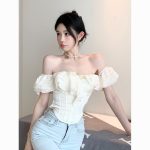 French Chic Off-Shoulder Shirt for Women | Sweet & Sassy Fishbone Fitted Top - Image 5