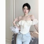 French Chic Off-Shoulder Shirt for Women | Sweet & Sassy Fishbone Fitted Top - Image 4