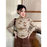 Bad Girl Style Butterfly Print Mock Neck T-Shirt | Pleated Long Sleeve Short Top for Women