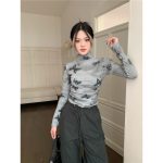 Bad Girl Style Butterfly Print Mock Neck T-Shirt | Pleated Long Sleeve Short Top for Women - Image 3
