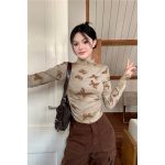 Bad Girl Style Butterfly Print Mock Neck T-Shirt | Pleated Long Sleeve Short Top for Women - Image 2