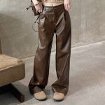 Loose Fit High Waist PU Leather Pants for Women | Vintage Straight-Leg Casual Trousers - Image 3