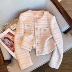 Women's Soft Romantic Powder Pink Pearl Button Tweed Jacket -  Round Neck Long Sleeve Knit Blazer - Image 2