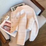 Women's Soft Romantic Powder Pink Pearl Button Tweed Jacket -  Round Neck Long Sleeve Knit Blazer - Image 3