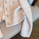 Women's Soft Romantic Powder Pink Pearl Button Tweed Jacket -  Round Neck Long Sleeve Knit Blazer - Image 4