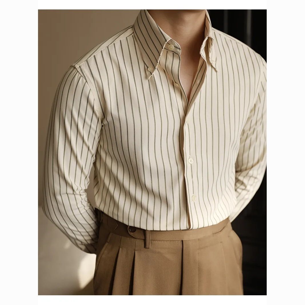 WhatsAppImage2025-02-26at1.06.37PM Men’s Casual Striped Long Sleeve Shirt - Wrinkle-Resistant Slim Fit with Pointed Collar, Versatile Gentleman Shirt - Image 1
