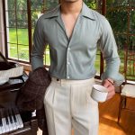 Mr. Deer Men's Wrinkle-Resistant Cuban Collar Shirt - Houndstooth and Jacquard Check Pattern - British Casual Fashion Shirt - Image 4