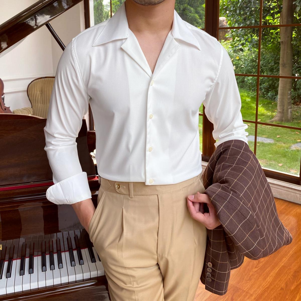 WhatsAppImage2025-02-26at12.27.27PM Mr. Deer Men's Wrinkle-Resistant Cuban Collar Shirt - Houndstooth and Jacquard Check Pattern - British Casual Fashion Shirt - Image 1