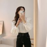 Chic Lace French Ruffle Puff Sleeve Long Sleeve Shirt for Women, V-neck - Image 10