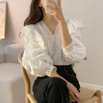 Chic Lace French Ruffle Puff Sleeve Long Sleeve Shirt for Women, V-neck - Image 9