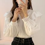 Chic Lace French Ruffle Puff Sleeve Long Sleeve Shirt for Women, V-neck - Image 6