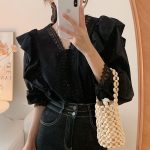 Chic Lace French Ruffle Puff Sleeve Long Sleeve Shirt for Women, V-neck - Image 5