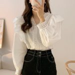 Chic Lace French Ruffle Puff Sleeve Long Sleeve Shirt for Women, V-neck - Image 2