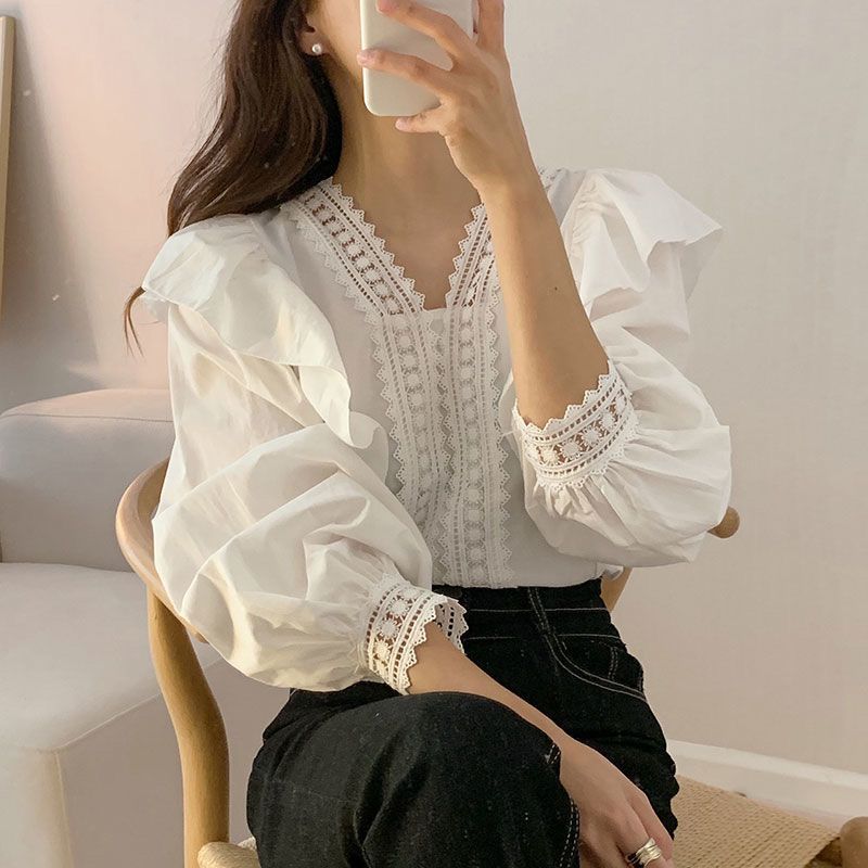 WhatsAppImage2025-03-08at4.39.04PM Chic Lace French Ruffle Puff Sleeve Long Sleeve Shirt for Women, V-neck - Image 1