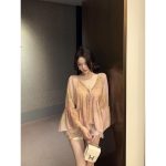 French Sequin V-Neck Chiffon Blouse – Elegant Loose Long Sleeve Statement Shirt for Women - Image 8