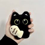 Cute Black Cat Plush Keychain – Big Eyes, Fish Hugging Cat Bag Charm, Creative Couple Keyring - Image 3