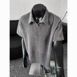 Dark Gray Textured Men’s Polo Shirt Retro Casual Short Sleeve - Image 5
