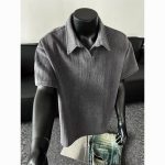Dark Gray Textured Men’s Polo Shirt Retro Casual Short Sleeve - Image 4