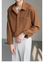 Korean Style Wrinkle Texture Loose Fit Long Sleeve Shirt for Men - Image 7