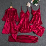 Silk 5-Piece Women's Sleepwear Set with Chest Pads – Camisole Dress, Robe & Loungewear - Image 6