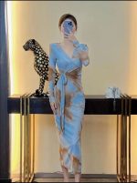 V-neck tie-dye slim waist long-sleeved lace-up hip-covering long wrap dress - Image 5
