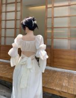 French style beautiful back puff sleeve square neck design strap A-line long dress - Image 10