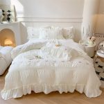 French retro floral embroidered seersucker fabric washed cotton bed sheets four-piece set with quilt cover | Aesthetic bedding - Image 5