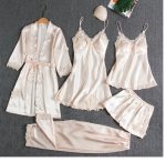 Silk 5-Piece Women's Sleepwear Set with Chest Pads – Camisole Dress, Robe & Loungewear - Image 4