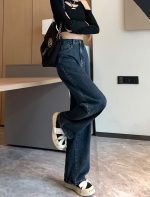 Blue and gray high-waisted wide-leg jeans loose straight floor-length Jeans - Image 4