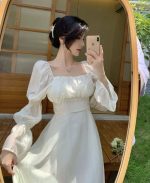 French style beautiful back puff sleeve square neck design strap A-line long dress - Image 11
