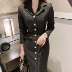 Chic Fusion: Korean-French Suit Collar Tweed Dress with Metal Detail – Slimming Elegance in a Long Skirt! - Image 7