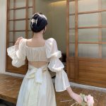 French style beautiful back puff sleeve square neck design strap A-line long dress