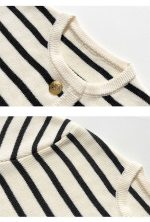 Black and White Striped Knit Cardigan Short Button Up Sweater Jacket - Image 7