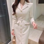 Chic Fusion: Korean-French Suit Collar Tweed Dress with Metal Detail – Slimming Elegance in a Long Skirt!