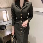 Chic Fusion: Korean-French Suit Collar Tweed Dress with Metal Detail – Slimming Elegance in a Long Skirt! - Image 2