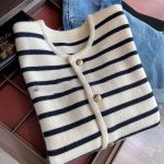 Black and White Striped Knit Cardigan Short Button Up Sweater Jacket - Image 3